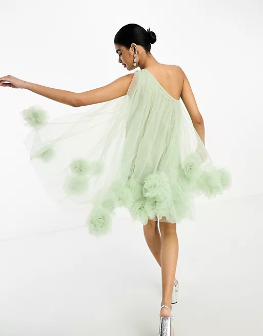 Lace & Beads exclusive one shoulder ruffle hem tulle mini dress in sage | ASOS (Global)