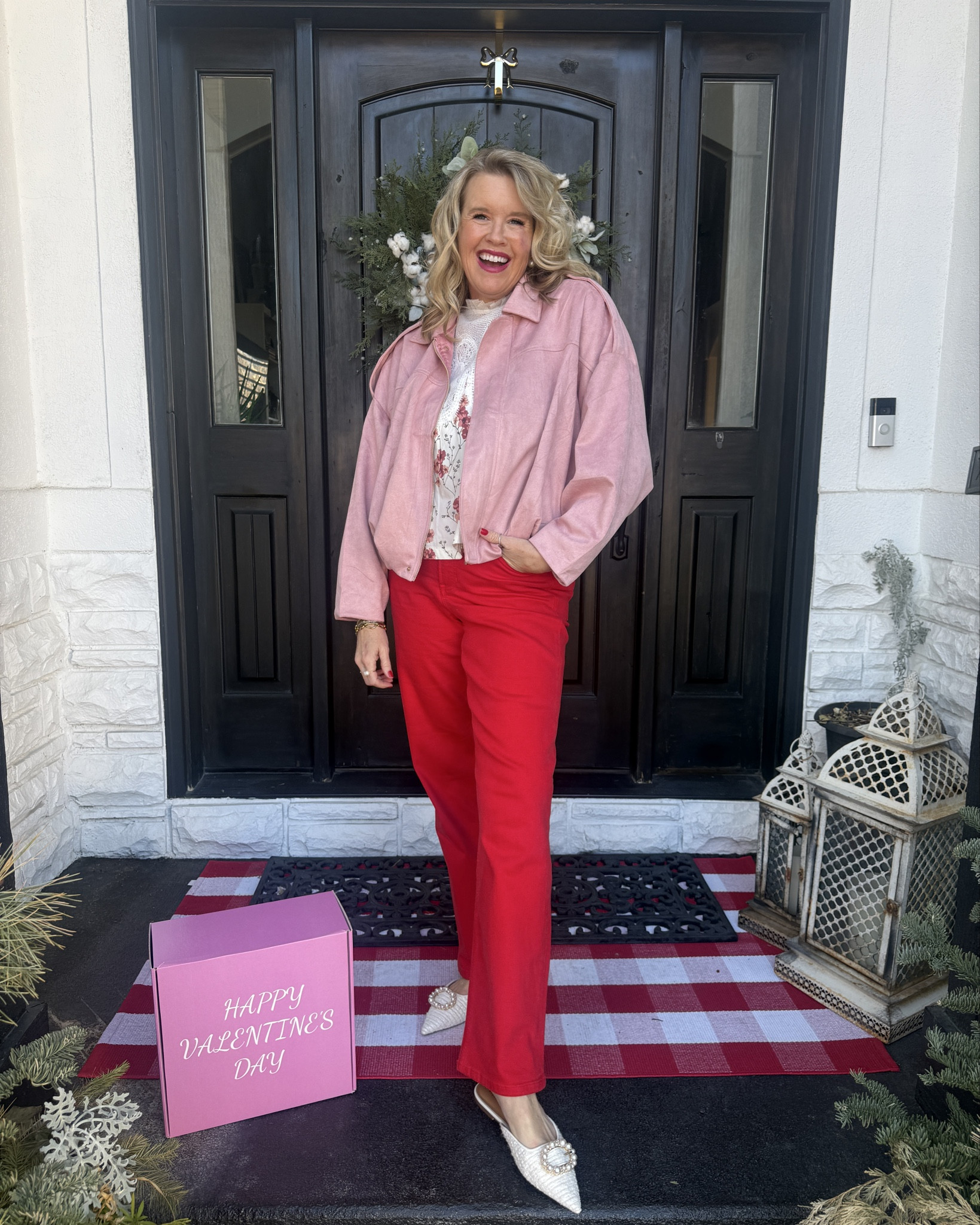 Outfit inspo 
Pink and red ❤️🎀
And floral print

Cute for Valentine’s Day ❤️🎀
Cute for everyday and a great light layer✔️

-Pink suede light weight viral hip length jacket, fits tts in a med and comes in several colors I love it so much I have in 3 colors 
Affordable and great quality Amazon find

-Viral lace bodice top with floral pattern below, babydol style but hip length, great quality, light weight, not itchy and tts in a med comes in several color combos, fabrics solids etc 

The best NEW arrival from Spanx
These red straight leg jeans, fits tts so good and very comfortable! Zip up, one button and in a med!❤️ red is so hot for Spring and you’ll wear these on repeat like I have been✔️
Use Code: Deardarcyxspanx to save 15% 

Tweed and peal Steve Madden slides/mules comfy and so cute (I got these at the Nordstrom sale over summer… I’ll like similar 

Pearl earrings 

#LTKValentine #LTKootd #LTKOver40