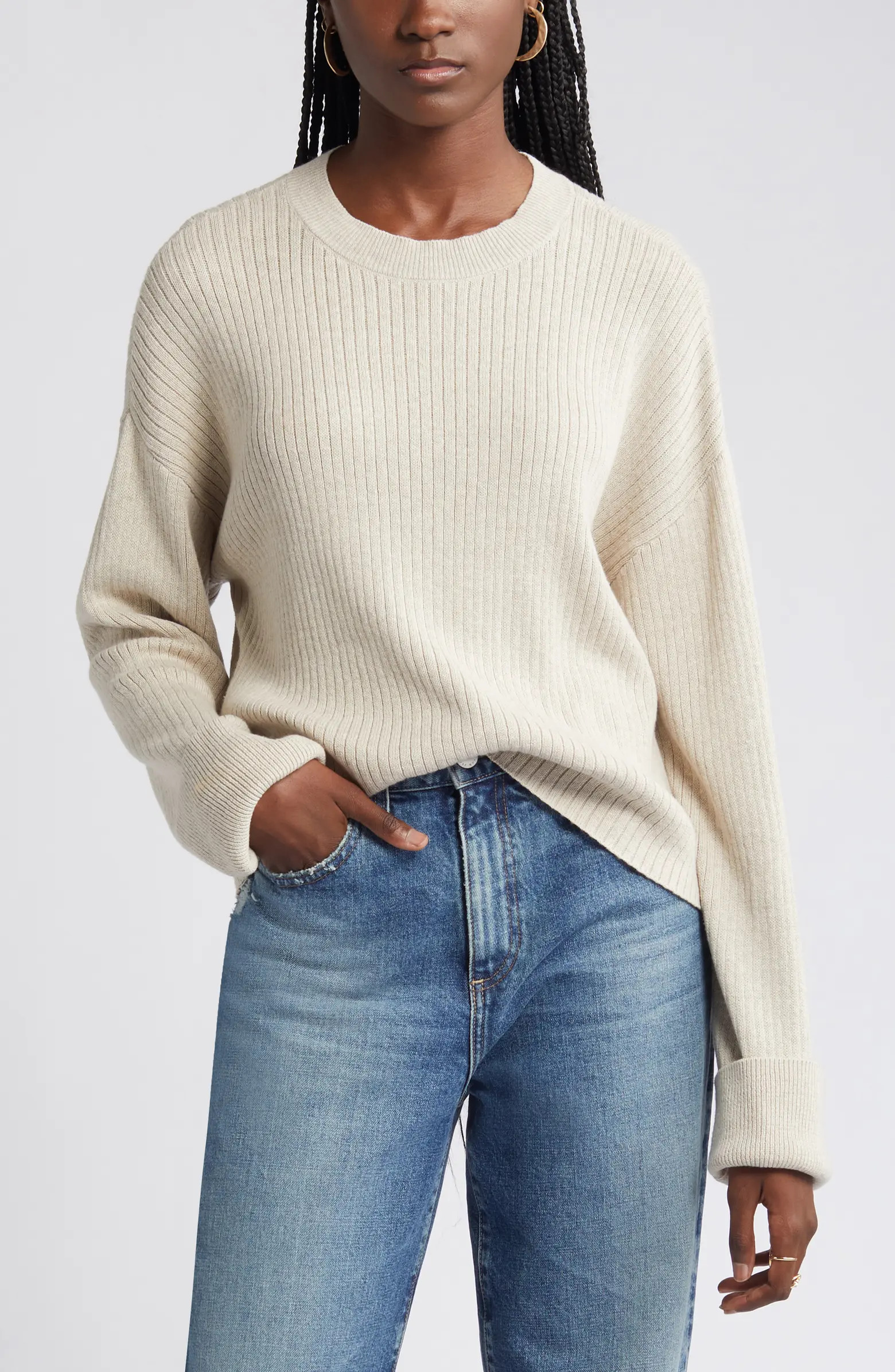 Cuff Sleeve Rib Cotton Sweater | Nordstrom