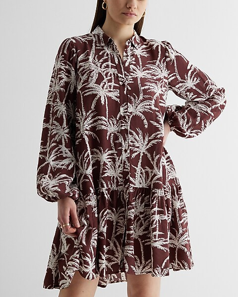 Printed Ruffle Hem Oversized Shirt Dress | Express