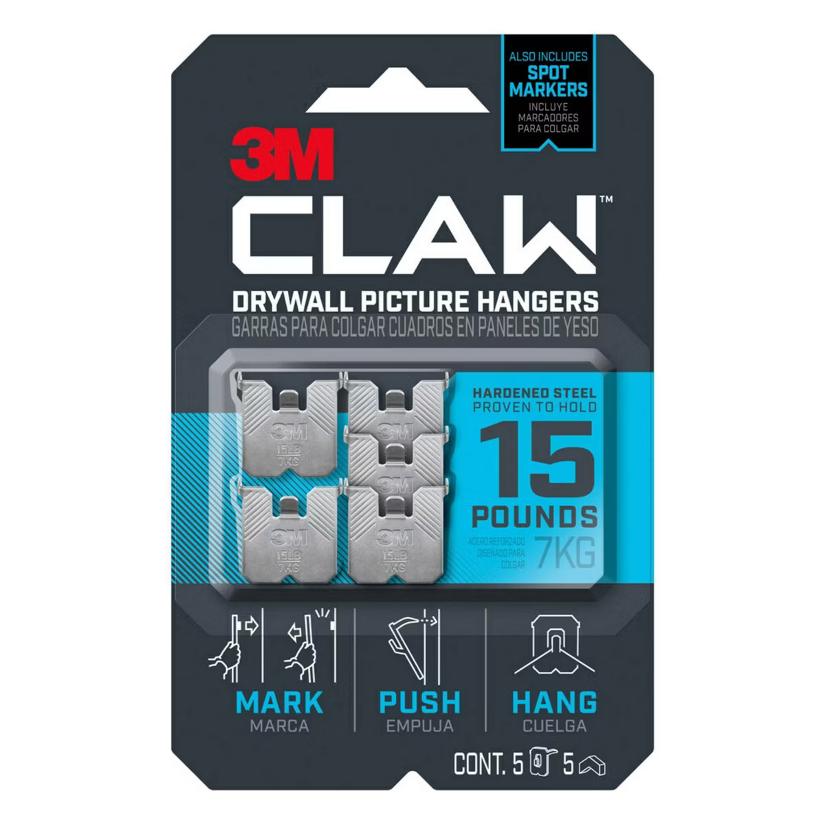 3M 15lb CLAW Drywall Picture Hanger with Temporary Spot Marker + 5 hangers and 5 markers | Target