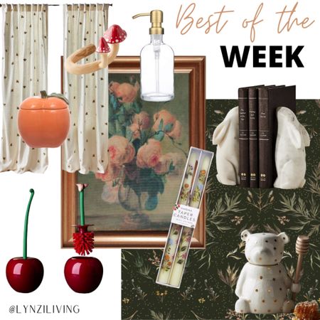 Best of the Week - all of the most clicked items of last week

Anthroliving, bee curtains, peach jar, Michael’s stores, urban outfitters home, mushroom curtain tieback, gold glass soap dispenser, Amazon home, Amazon finds, Amazon favorites, bunny bookends, rabbit bookends, bear honey jar, polka dot honey jar, Stoffer home, Cottagecore wallpaper, flower painting wall art, Target home, target finds, Target favorites, floral taper candles, cherry toilet brush, quirky home decor 

#LTKunder50 #LTKFind #LTKhome