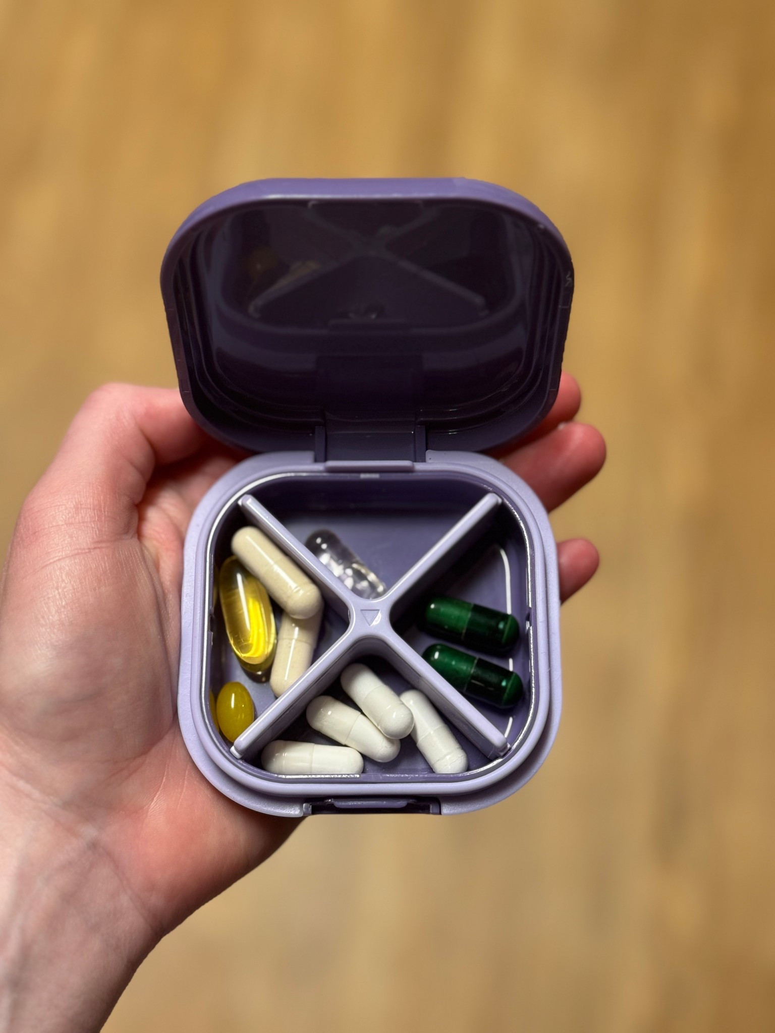 Small purple pill organizer - I love this as it’s easy to fit into my pocket and travel & go with it