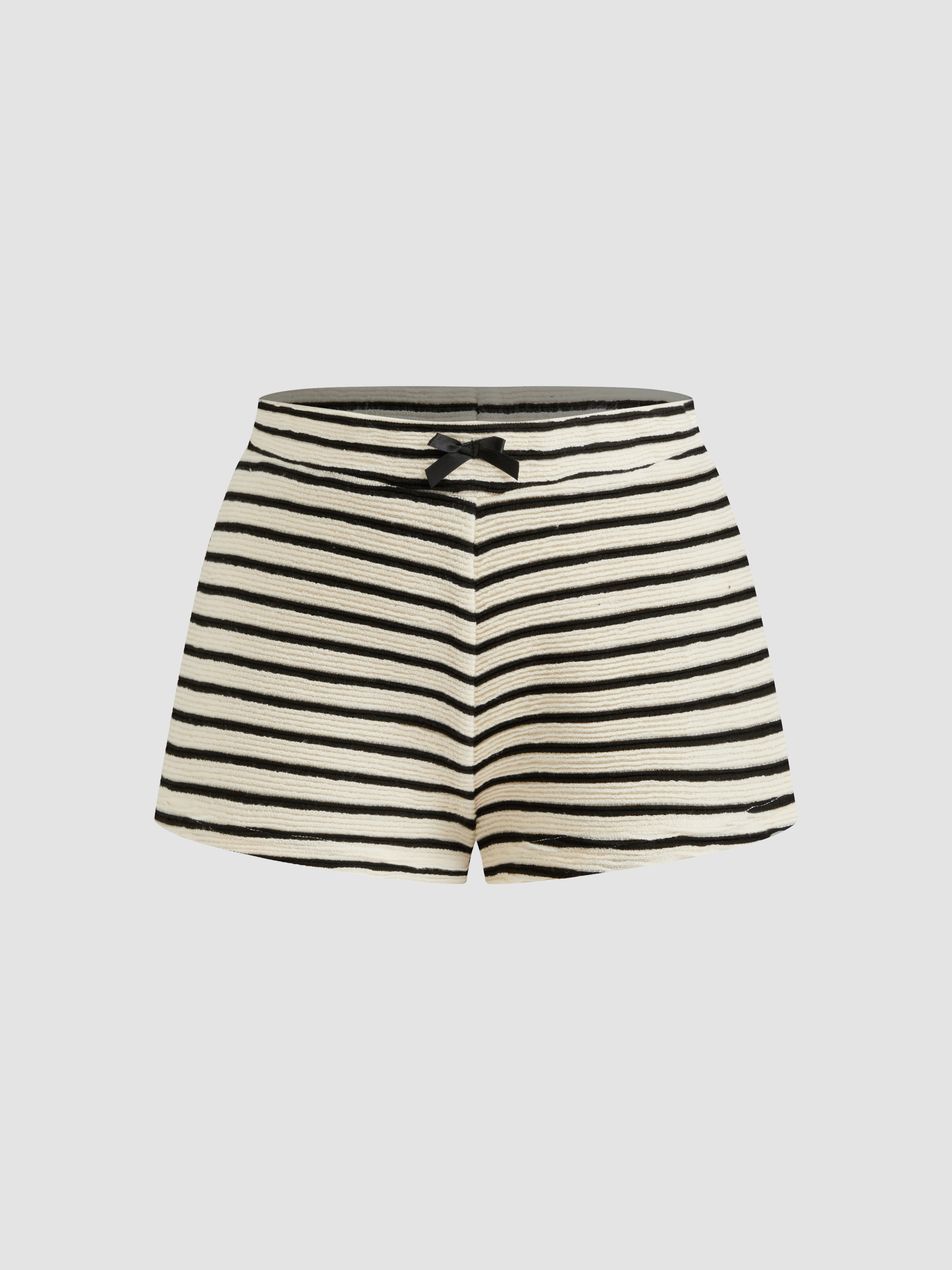 Woven Cotton-blend Mid Rise Stripe Bowknot Micro Shorts For Daily Casual | Cider