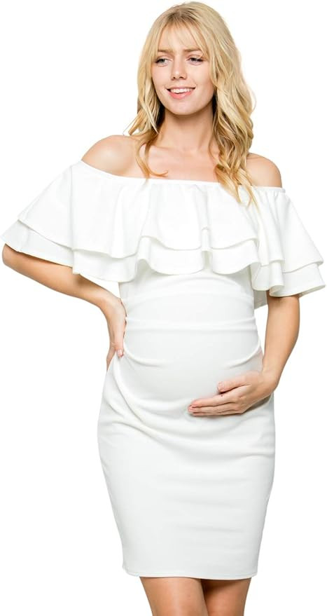 My Bump Double Layer Ruffle Maternity Dress-Fitted Off-Shoulder Baby Shower Pregnancy | Amazon (US)
