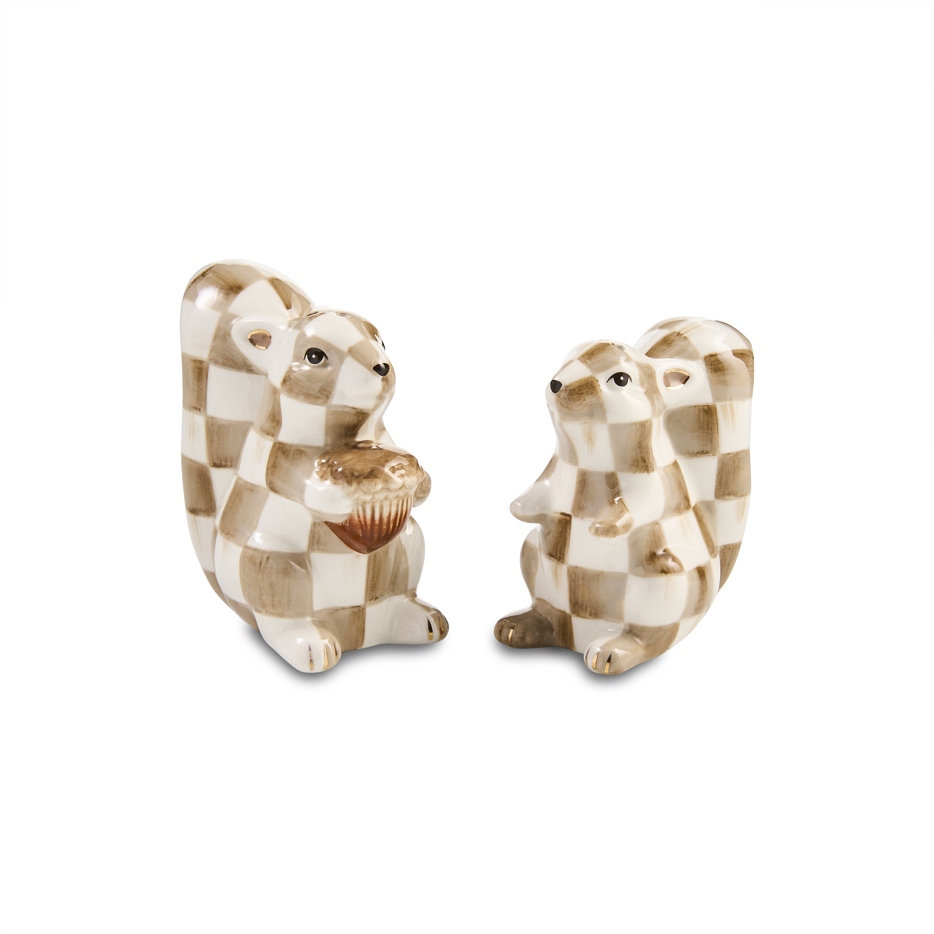 MacKenzie-Childs Mocha Check Squirrel Salt & Pepper Set | MacKenzie-Childs