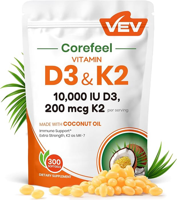 VEV Corefeel Vitamin D3 K2 10,000 IU, 200 mcg MK-7, 300 Coconut Oil Softgels, 2 in 1 Vitamins Sup... | Amazon (US)