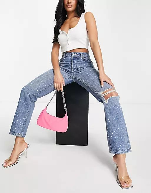 ASOS DESIGN low rise straight leg jeans with all over diamantes and ripped knee - MBLUE | ASOS (Global)