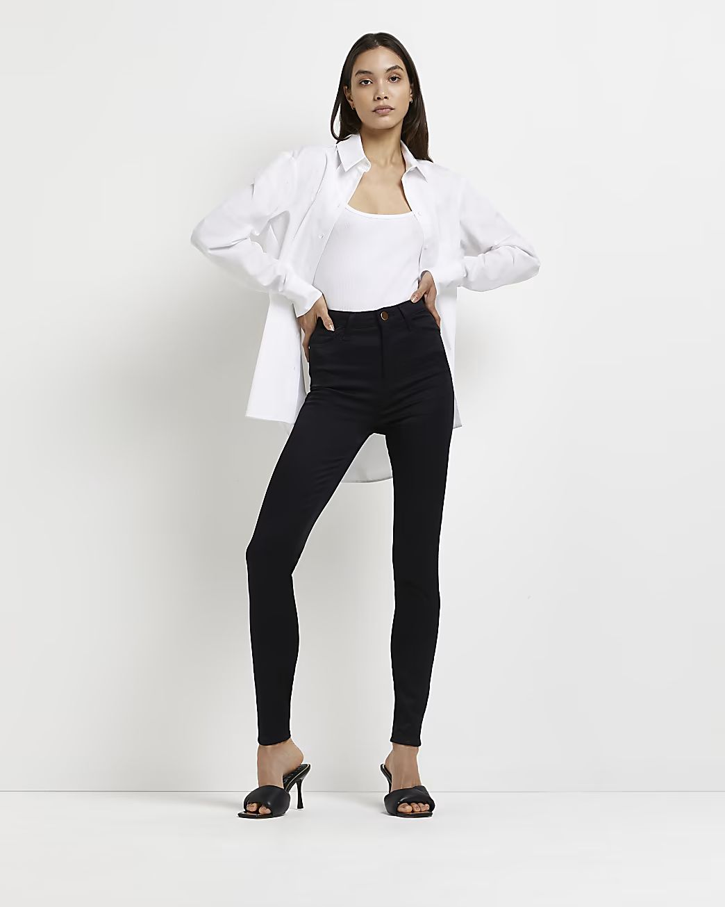 River Island Womens Black satin high waisted skinny jeans | River Island (US)