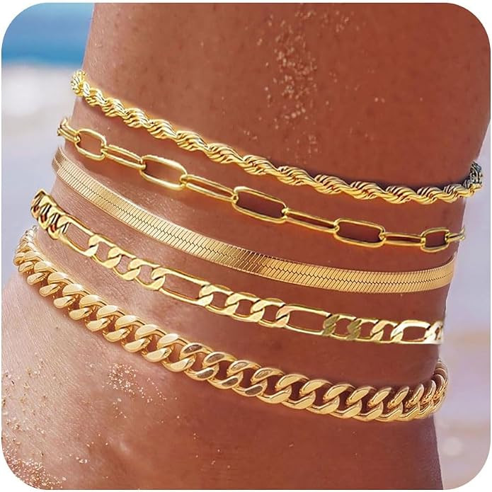 Plus Size Gold Ankle Bracelets for Women Big Ankles, Adjustable Ankle 14K Real Gold Plated Cuban ... | Amazon (US)