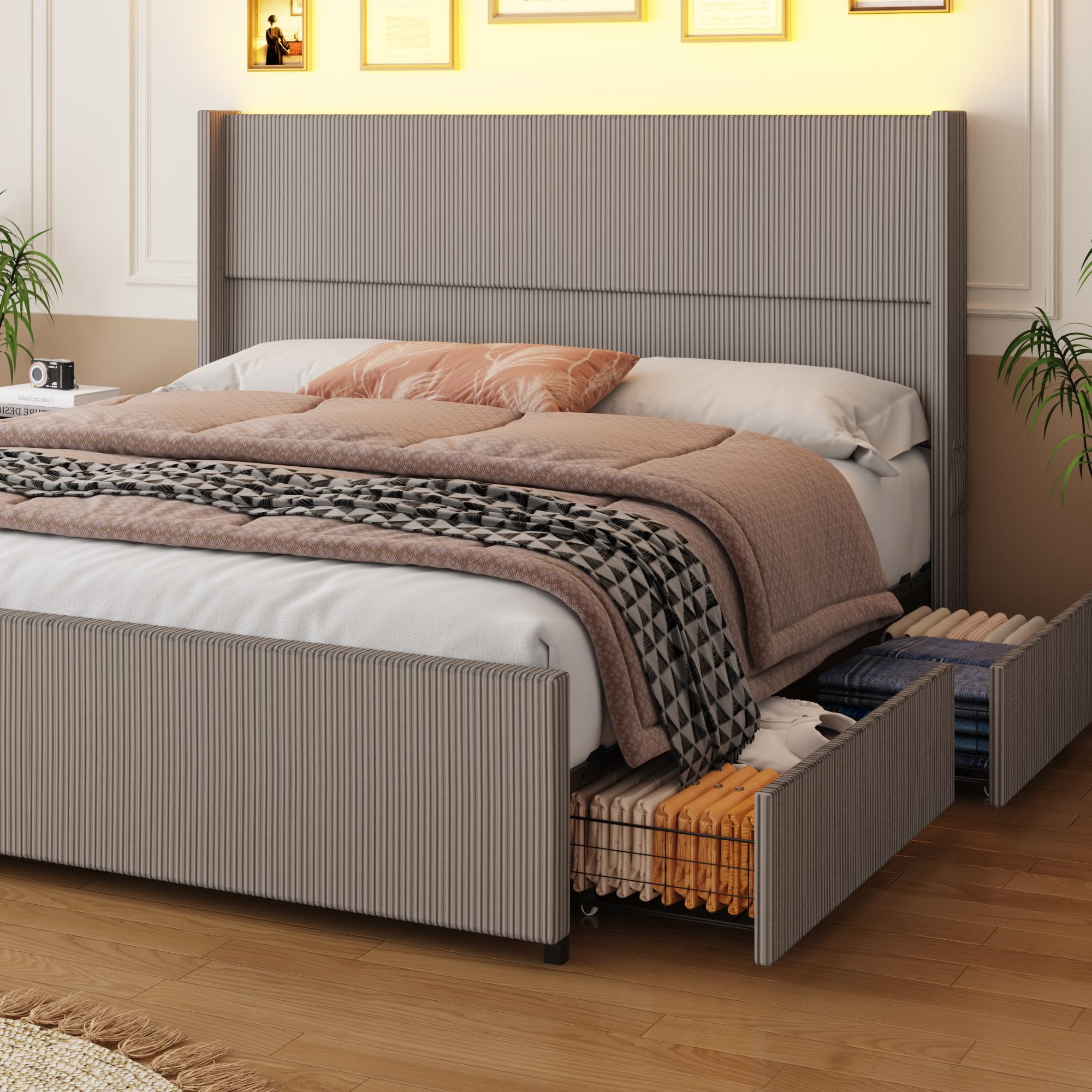 King Size Corduroy Upholstered Bed Frame with Drawers & LED Light, Wingback Bed Frame King with 52" Headboard & Footboard, Corduroy/Vertical Stripes/No Box Spring Needed/Noise Free, Taupe | Amazon (US)