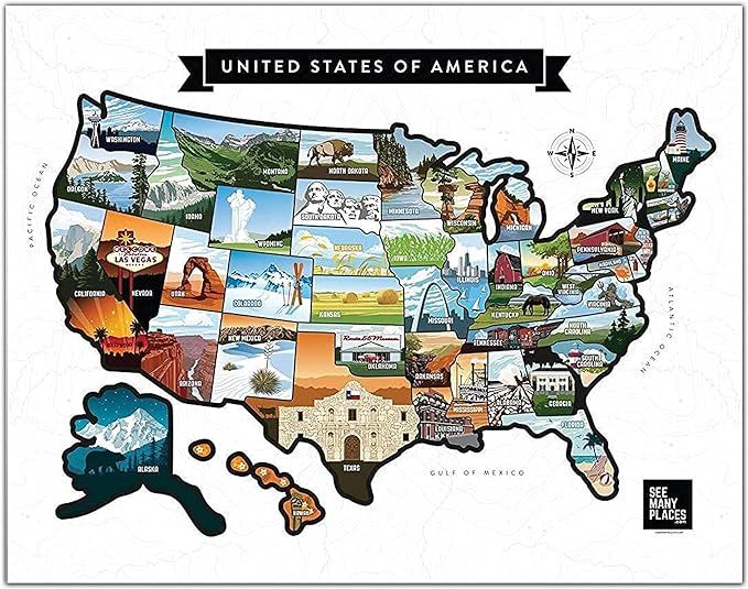 SEE MANY PLACES 28x22" USA Scratch Off Travel Map with Gold Foiling | Amazon (US)