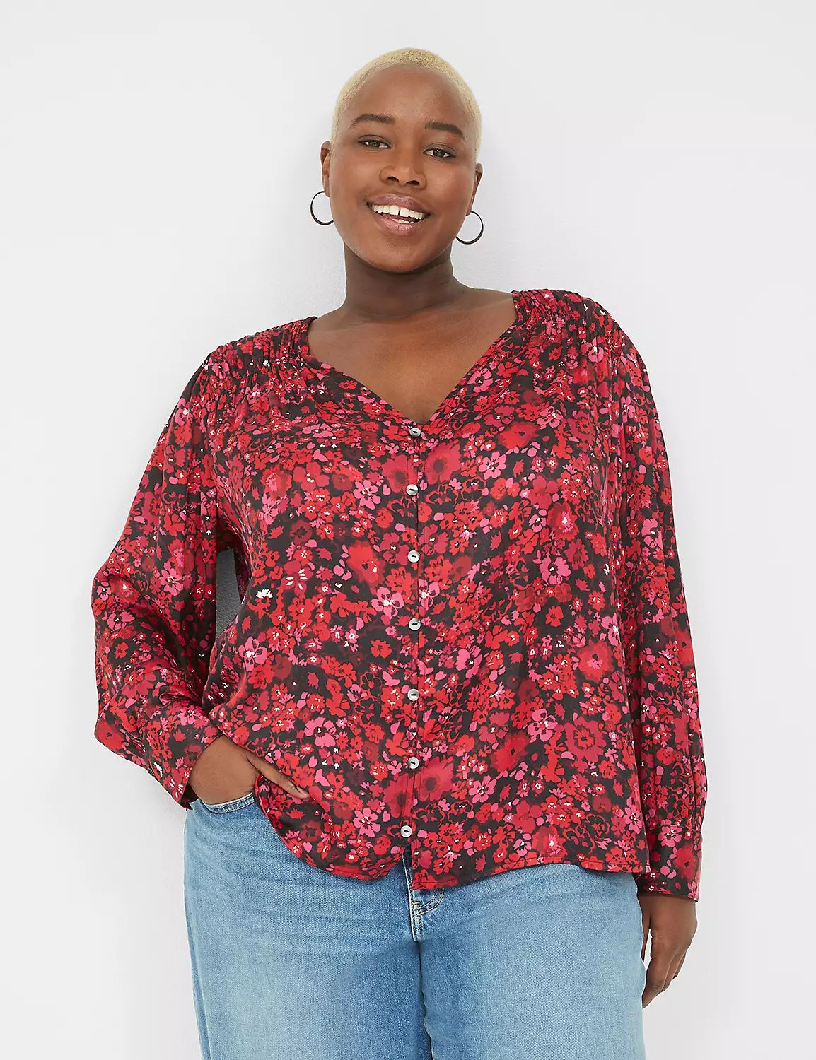 Ruched Button-Front Knit & Woven Blouse | LaneBryant | Lane Bryant (US)