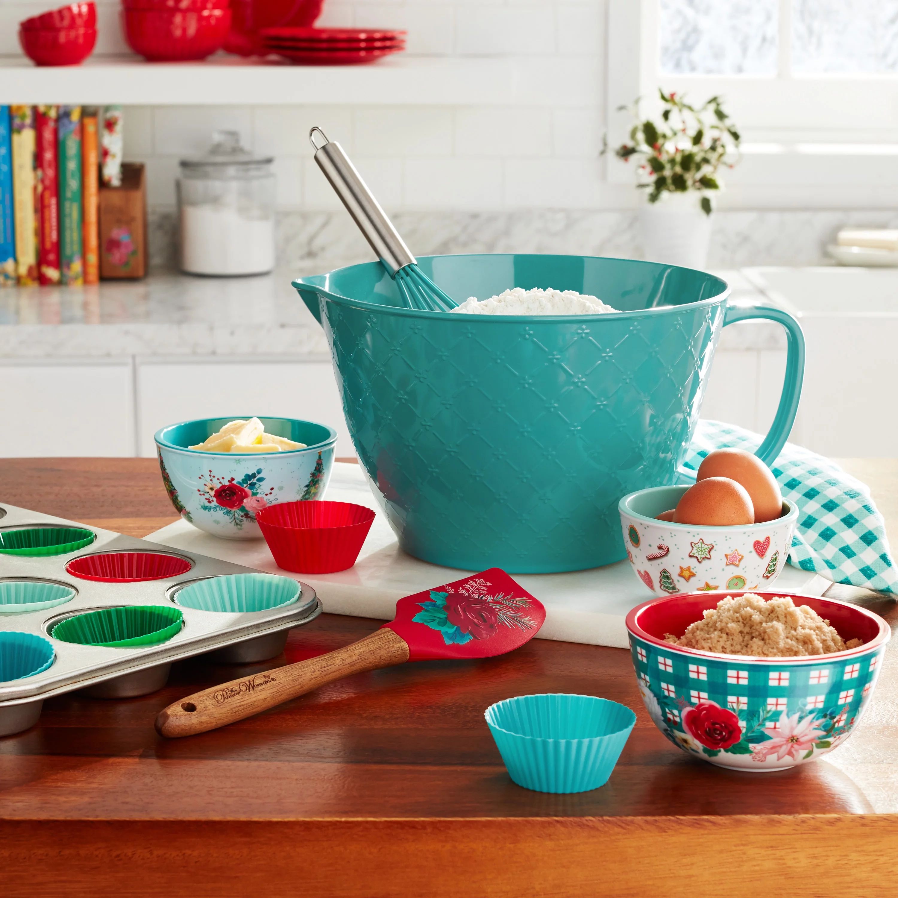The Pioneer Woman Silicone Kitchen Utensils & Mixing Bowl Set, 14-Pieces, Teal, Wishful Winter, w... | Walmart (US)