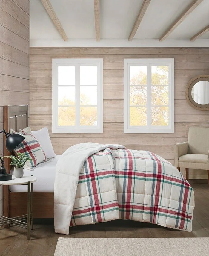 Premier Comfort Cotton Flannel Faux Fur 3-Piece Comforter Set, Red Plaid King - Walmart.com | Walmart (US)