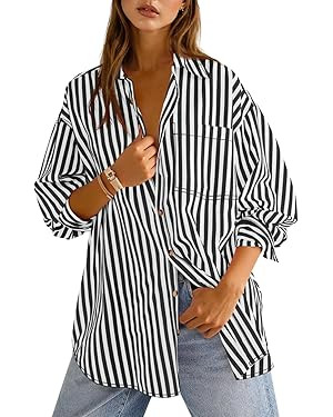 Cicy Bell Womens Oversized Striped Button Down Shirts Boyfriend Long Sleeve Collared Work Blouses | Amazon (US)