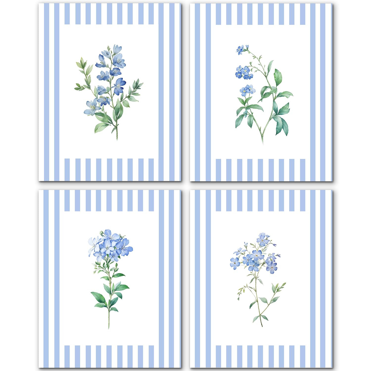 JINYO Vintage Blue and White Striped Floral Wall Art Prints Set of 4, Floral Wall Decor, Rustic C... | Amazon (US)