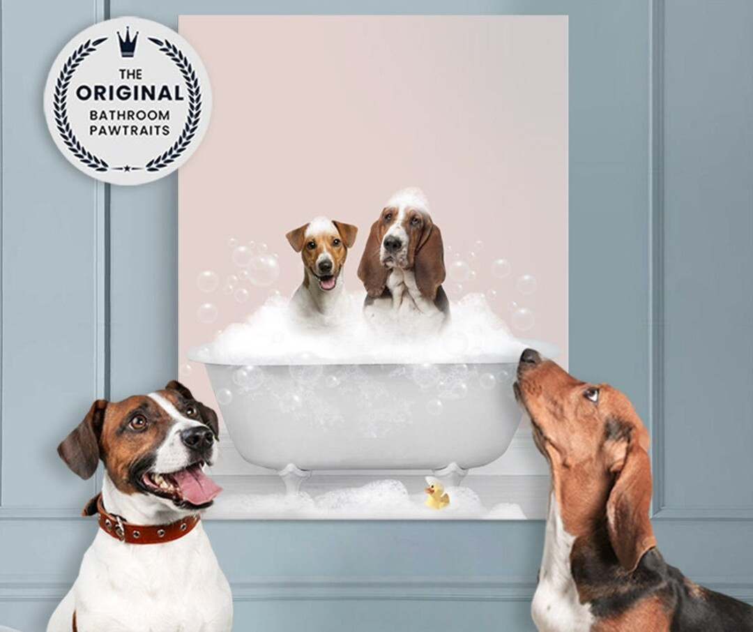 Two pets in Bathtub Custom Pet Portrait from photo, Custom Dog or Cat in Tub, Bathroom Art, Perso... | Etsy (US)