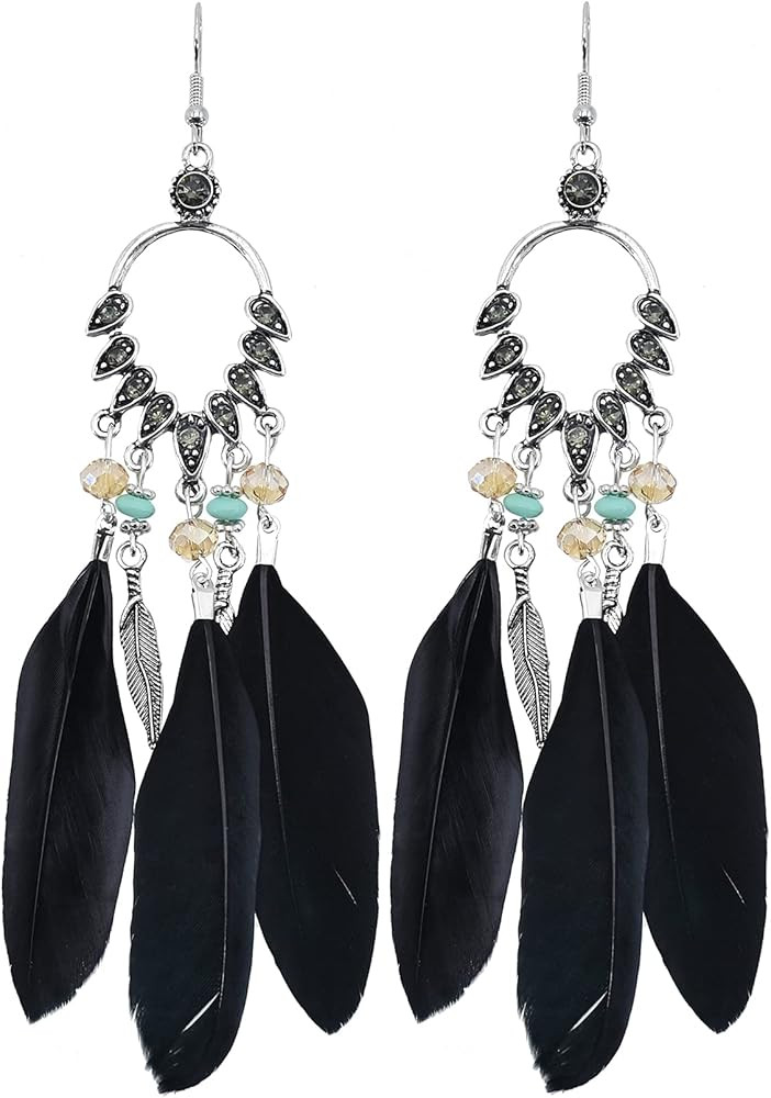 Black Feather Dangle Earrings for women Bohemian Feather Tassel Earrings Lightweight American Ind... | Amazon (US)