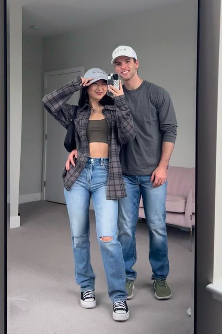 Olive Green Halter Crop Top: RAYN coming 2024 ⚡️
Distressed Jeans: size 24
Flannel Gray Shacket: size XS
Converse High Tops: 1-1/2 size down

Men’s Long Sleeve: size M Standard

Couple outfit, matching, date, fall, autumn

#LTKSeasonal #LTKshoecrush #LTKmens