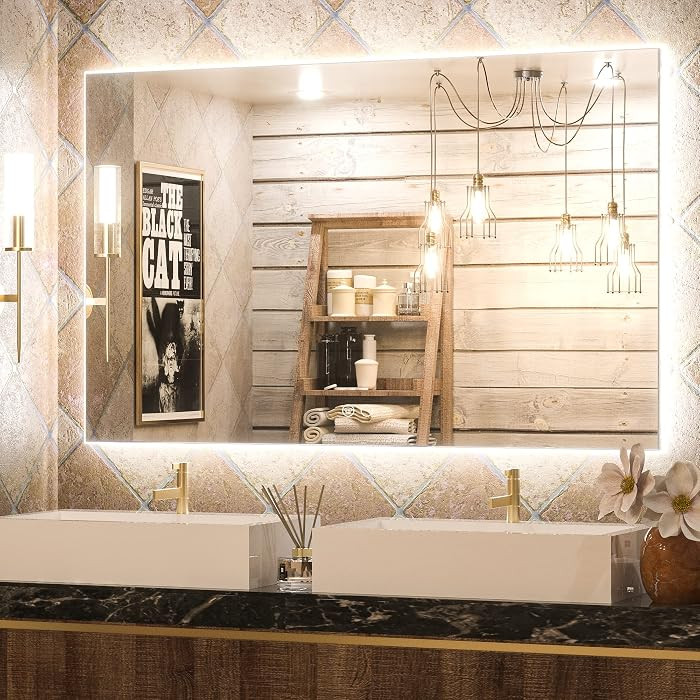 Keonjinn 48" x 30" Backlit Mirror Bathroom, Tempered Glass, 3 Color Lights | Amazon (US)