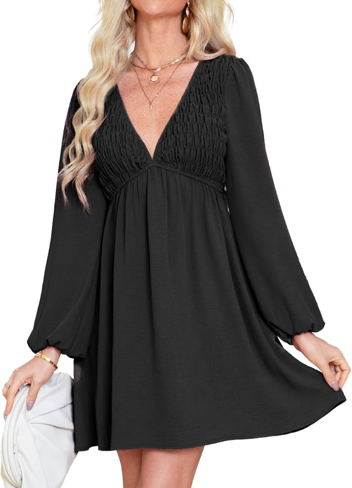 BerryGo Women's Casual Long Sleeve Babydoll Flowy Dress V Neck Swing Party Mini Dress with Pocket... | Amazon (US)