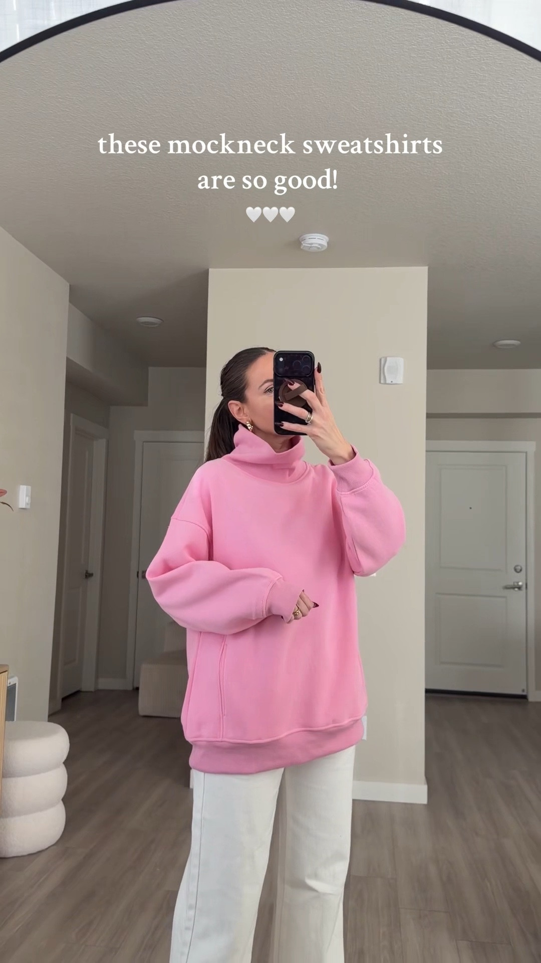 funnel neck sweater.  i'm 5'7 and wearing medium 

got it in four colors to try on .  many more colors available #funnelnecksweater #mocksweater #oversizedsweater