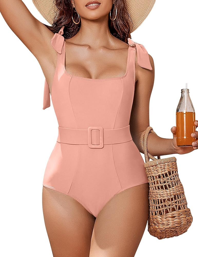 AI'MAGE Womens 2024 One Piece Swimsuit with Adjutable Belt Tie Shoulder Tummy Control Bathing Suits | Amazon (US)
