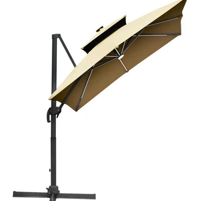 Khaki 10ft Cantilever Patio Umbrella, Solar Lights & Power Bank, 360° Rotation, Tilt, Crank Led Bank For Garden Fun | Wayfair North America