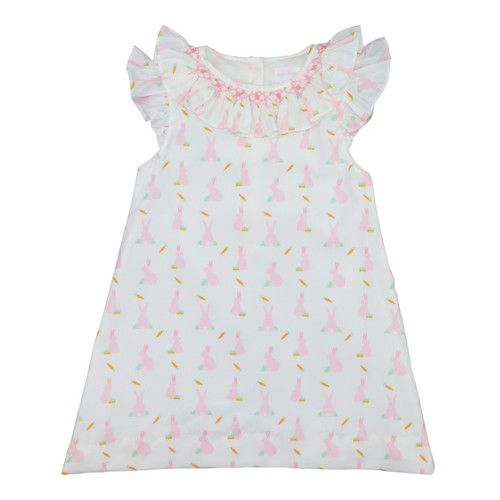 Pink Smocked Bunny And Carrot Print Dress | Cecil and Lou