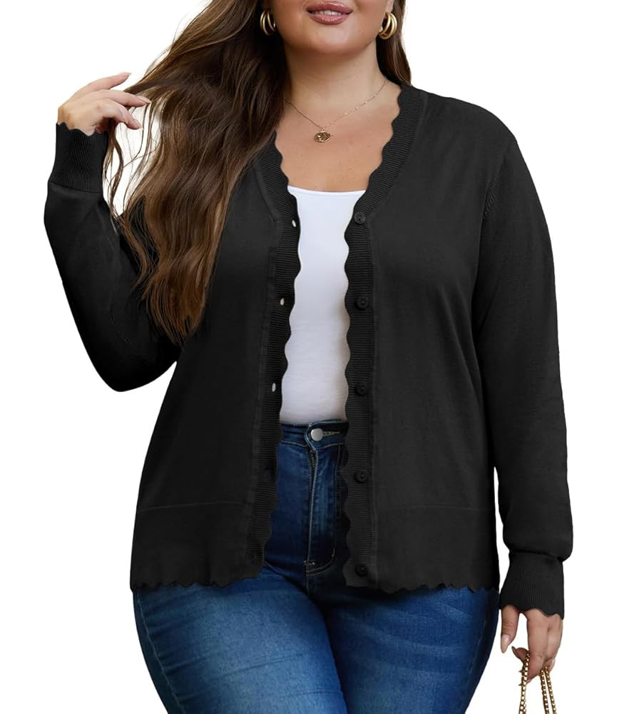 OLRIK Plus Size Cardigan for Women Cropped Long Sleeve V-Neck Buttons Down Ribbed Wave Edges Casu... | Amazon (US)
