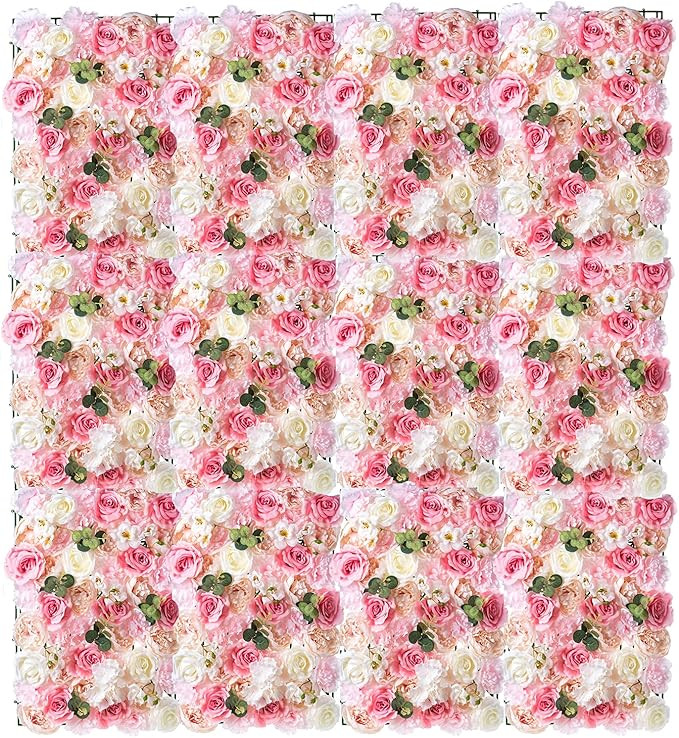 Nuptio Flower Wall Panel for Flower Wall Backdrop, 12 Pcs 24" X 16" White & Pink Faux Roses Artif... | Amazon (US)