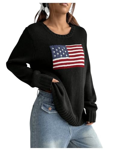 SweatyRocks Women's Flag Pattern Long Sleeve Round Neck Sweater Casual Loose Pullover Sweater Solid Black X-Small | Amazon (US)