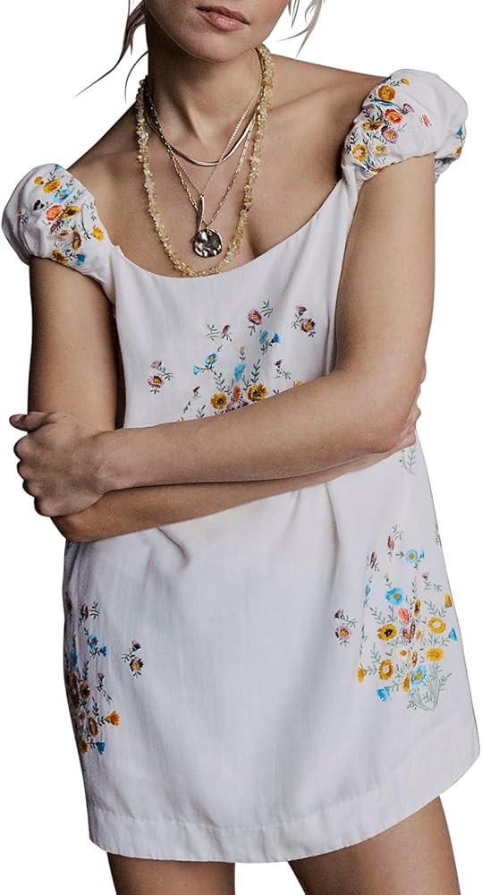 Linen Mini Cute Dress Women Floral Embroidered Dress with Crew Neck and Sleeveless Casual Guest V... | Amazon (US)