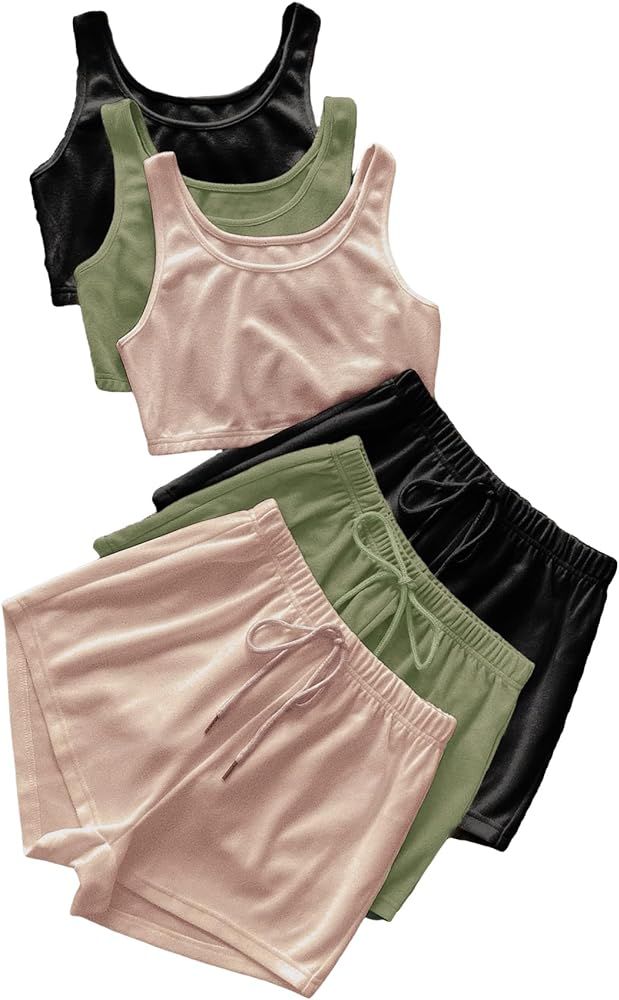GORGLITTER Women's 6 Pieces Outfits Crop Tank Top Elastic Waist Shorts Set Loungewear | Amazon (US)