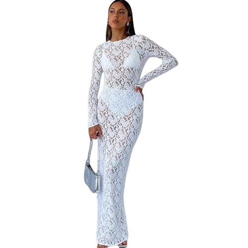 ZGMYC Women's Elegant Floral Lace Maxi Dress Sexy See Through Long Sleeve Evening Dress Party Cocktail Dress Beach Cover Ups White | Amazon (US)