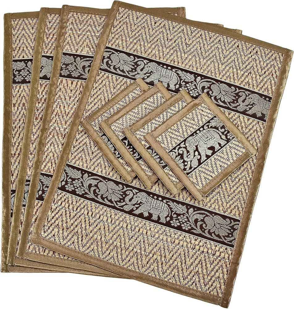AeraVida Set of 4 Mighty Elephant Bronze Silk Trim Reed Placemats and Coasters | Elephant Coaster... | Amazon (US)