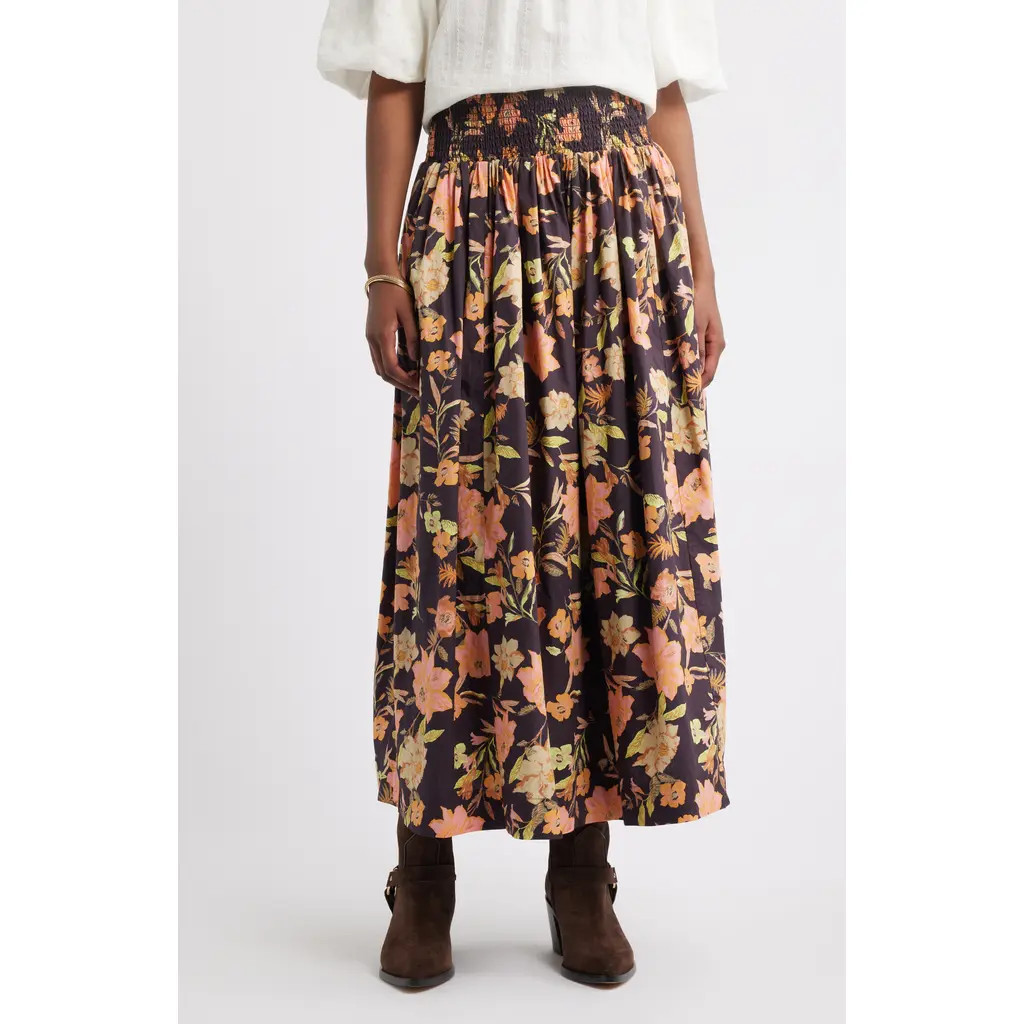 Treasure & Bond Floral Smocked Waist Cotton Maxi Skirt in Burgundy- Pink Jordan Floral at Nordstrom Rack, Size Small | Nordstrom Rack