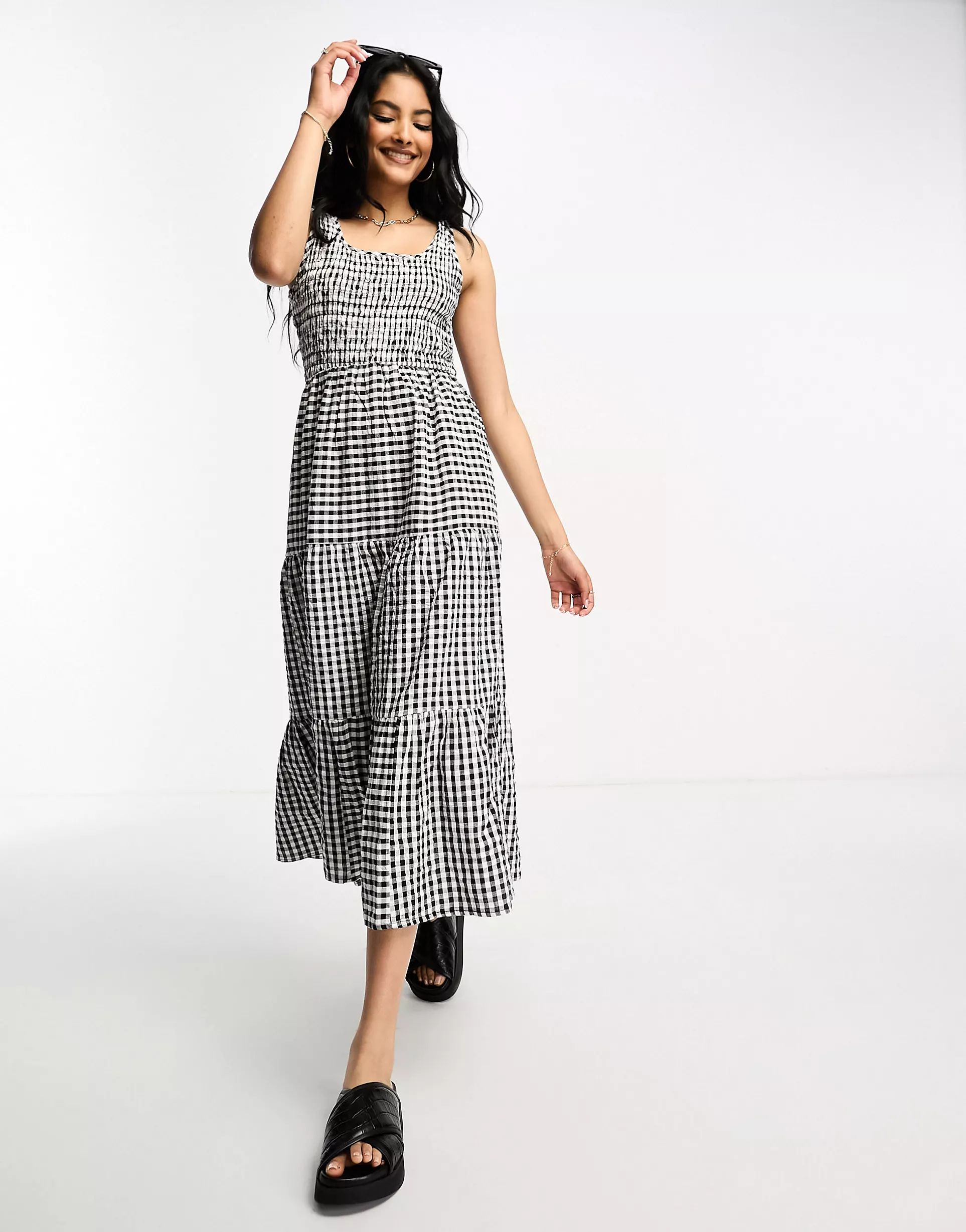 River Island gingham smock midi dress in black | ASOS (Global)