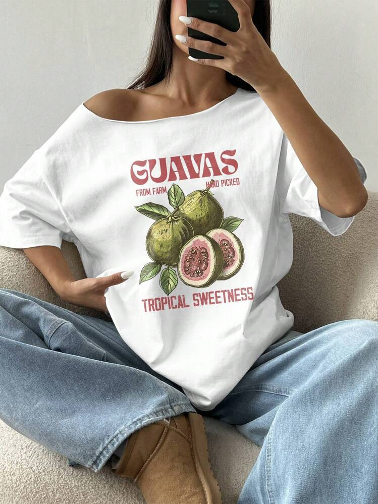 Flirla Women's Loose Pomegranate White Asymmetrical Neck Oversized T-Shirt | SHEIN