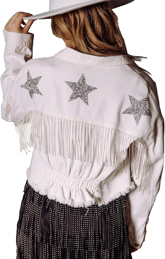 Womens Cropped Rhinestone Fringe Denim Jacket Long Sleeve Ripped Tassel Jean Coat | Amazon (US)