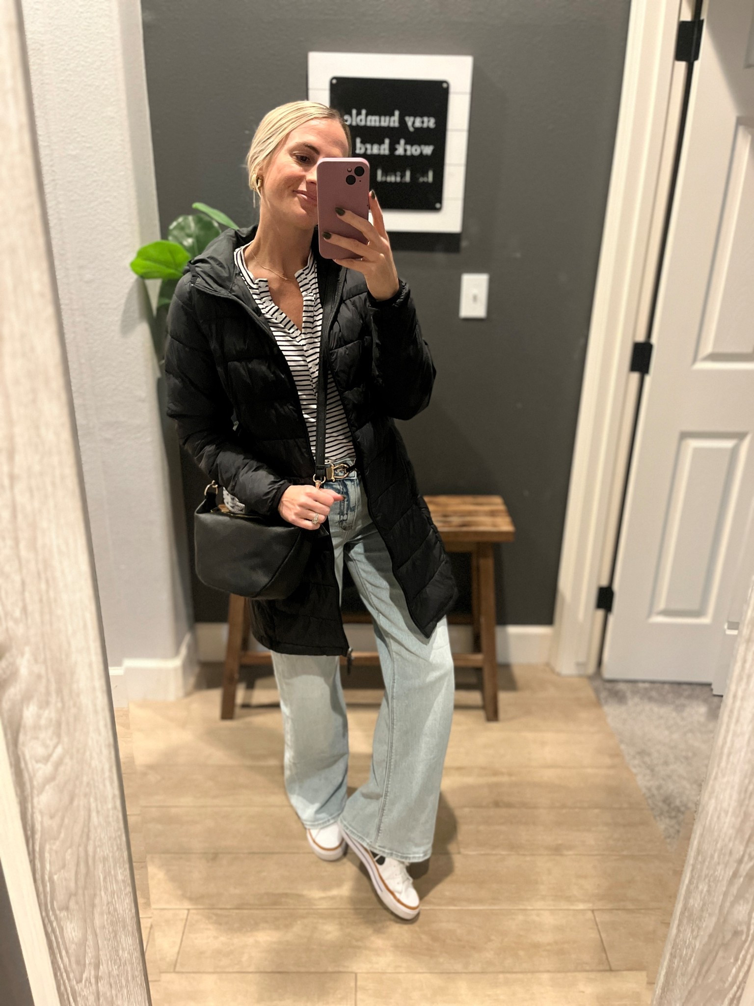 Rainy day casual outfit. The most comfy wide leg jeans ever + my fave lightweight puffer jacket I’ve had for years. Goes with everything! 