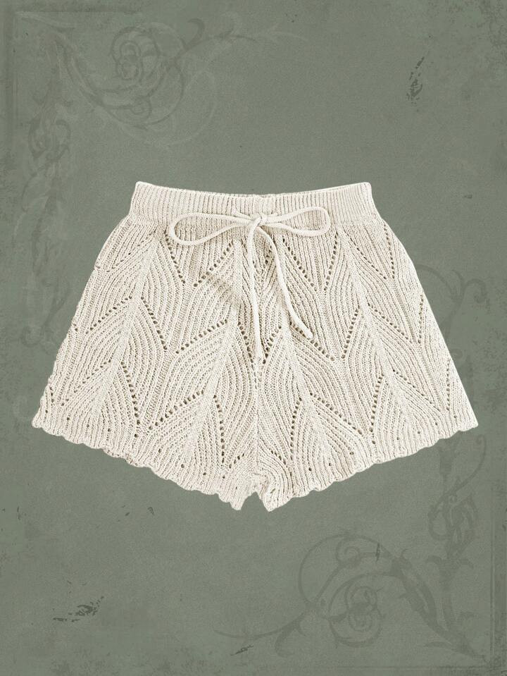 ROMWE Hippie Solid Color Ivory White Knitted Shorts With Woolen Tie | SHEIN