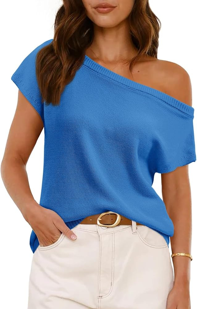 Saodimallsu Womens Off One Shoulder Sweater Tops Summer Short Sleeve Casual Loose Knit Trendy Goi... | Amazon (US)