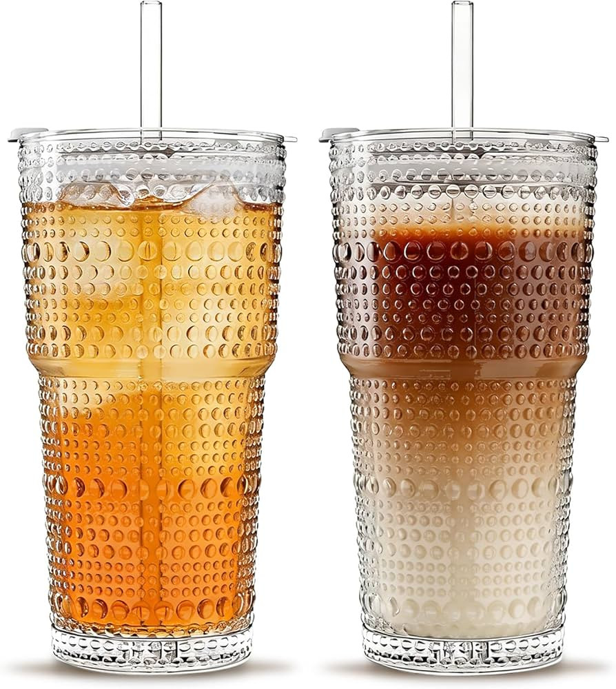 INSETLAN 20oz Hobnail Glass Cups with Lids and Glass Straws \u2013 2 Pieces, Thick-Walled Glass T... | Amazon (US)