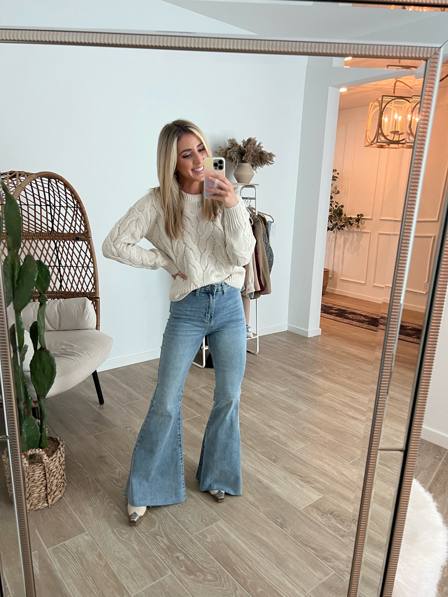 Huge fan of these bellbottom flare jeans!!stretch and comfy. Runs tts. Sweater runs tts. Both 15% off with code ALWAYS15

#LTKstyletip #LTKunder50 #LTKunder100