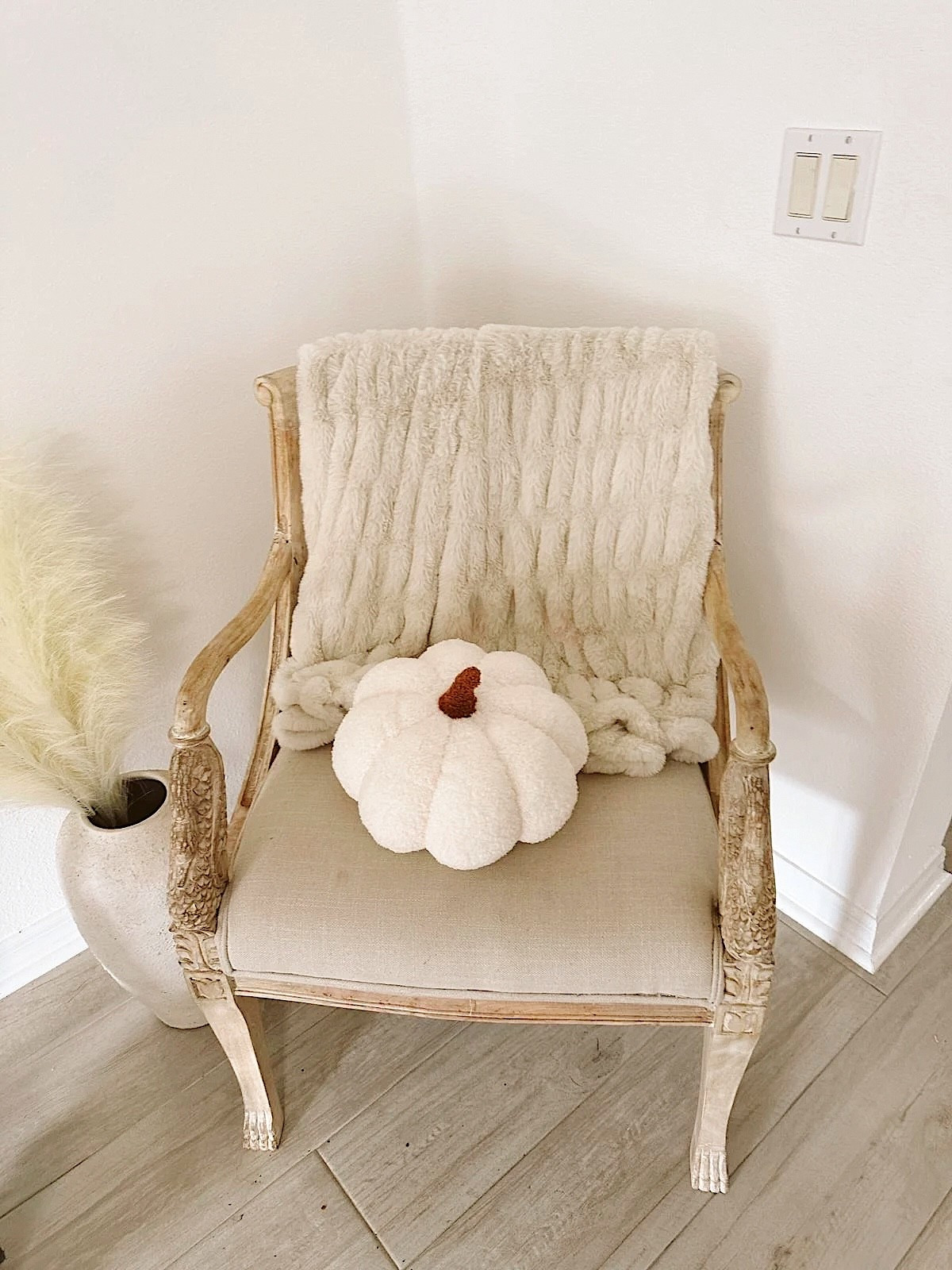 Simple fall touch: a textured throw and a plush pumpkin pillow 🍁 Loving how cozy this corner turned out.
#fallhomedecor #cozydecorideas #neutralhomeinspo #pumpkinseason #homefinds #falldecorstyle

#LTKHalloween #LTKSeasonal #LTKHome