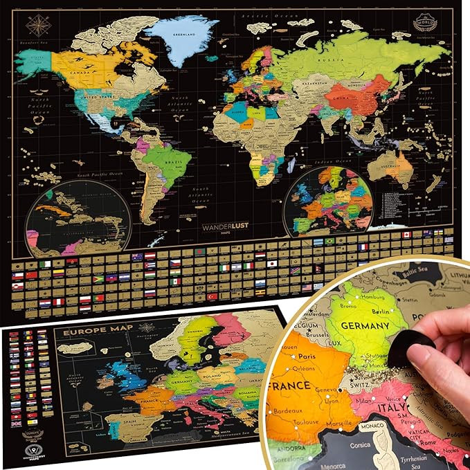 Two Scratch Off Maps - Scratch Off World Map + Europe Map - Deluxe Scratch-Off International Post... | Amazon (UK)