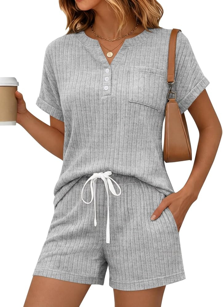Yousify 2 Piece Short Sets for Women Summer 2026 Lounge Short Sleeve Henley Outfits Sweatsuit wit... | Amazon (US)