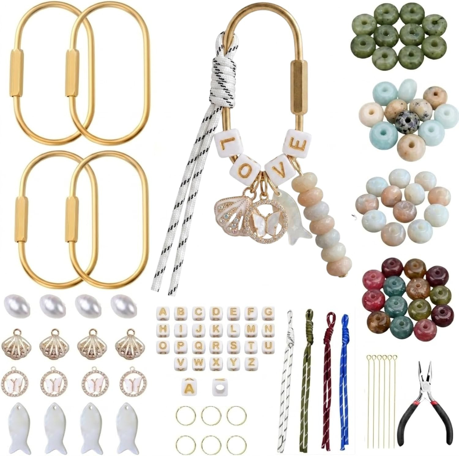 Mvyc DIY Bag Charm Keychain Making Kit with Natural Gemstone Rondelle Beads, Solid Copper Screw Clasp & Dual-Color Paracord, Personalized Alphabet Letter Beads Jewelry Craft Starter Set for Girls | Amazon (US)